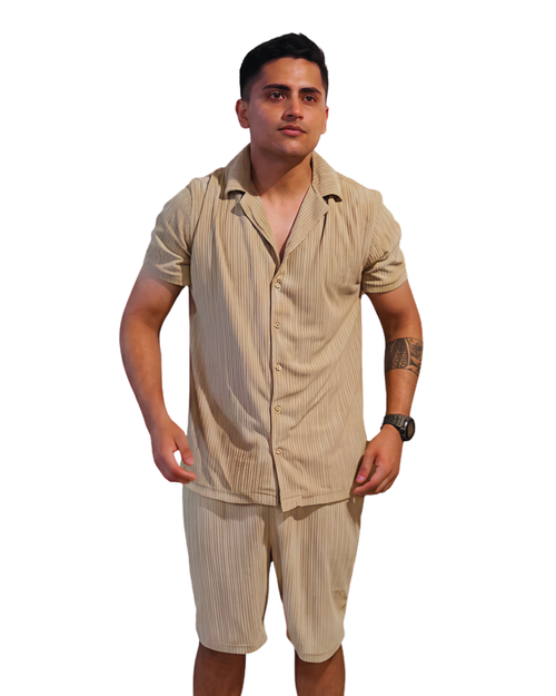Men's Beige Textured Short-Sleeve Shirt and Shorts Set