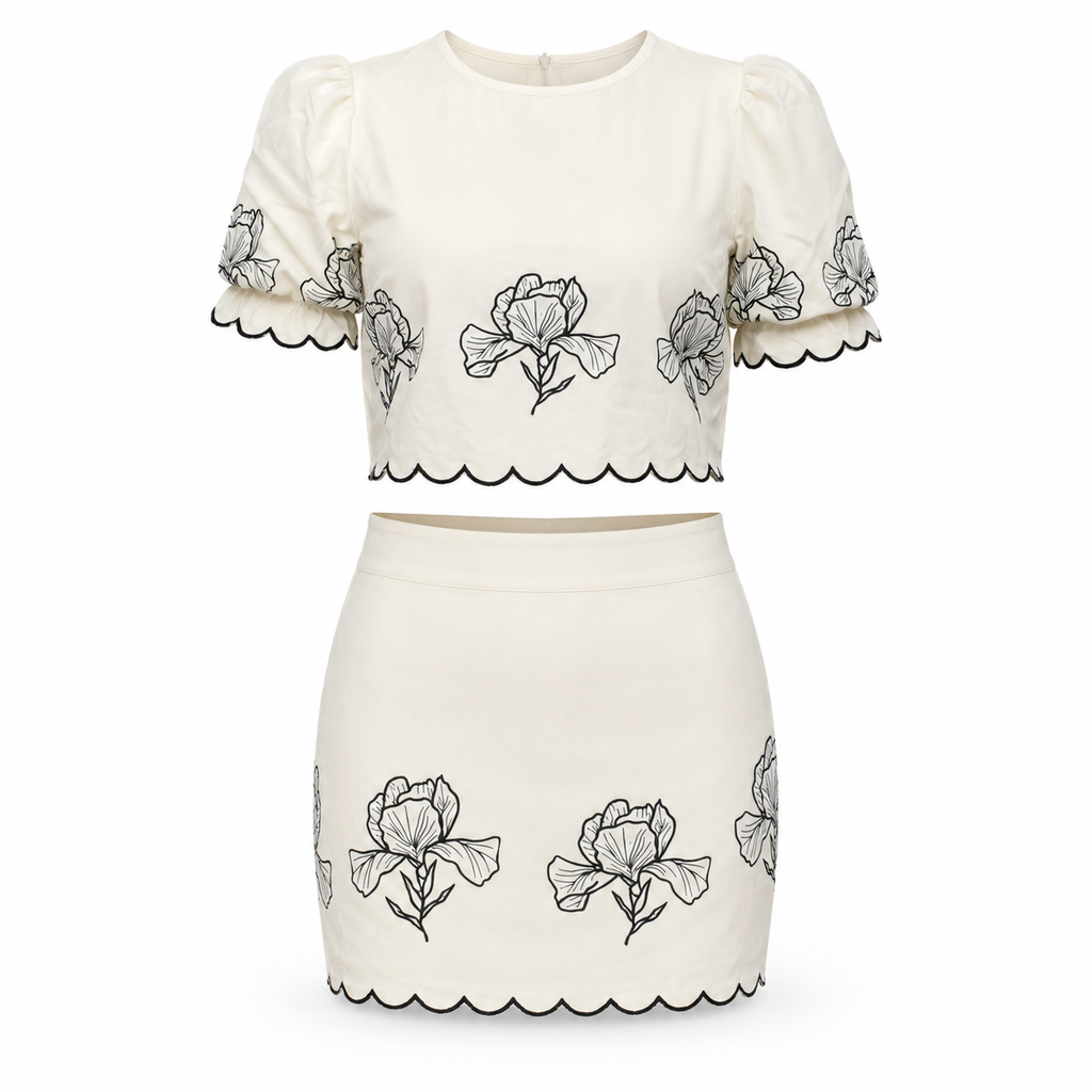 Women's White Floral-Embroidered Top and Skirt Set