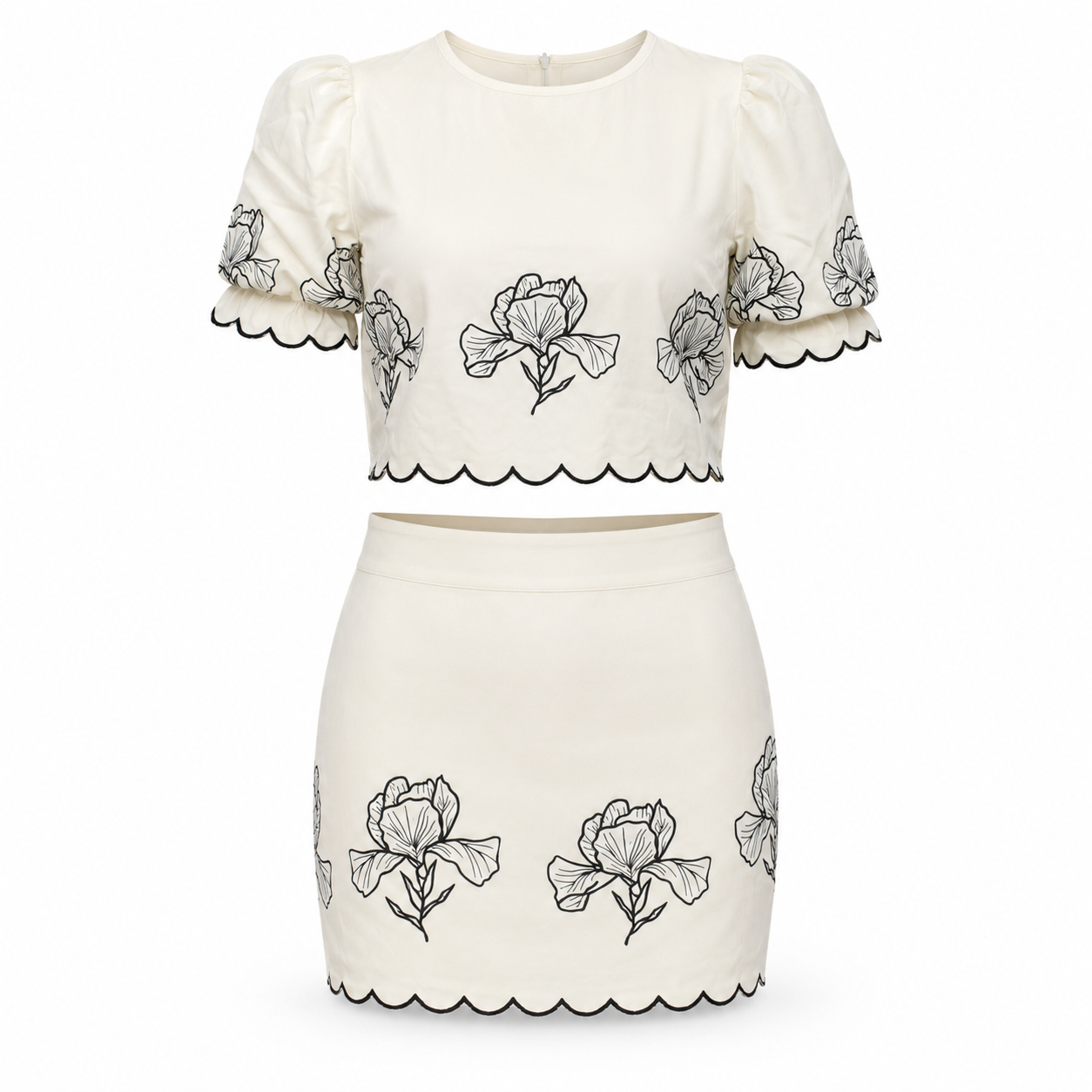 Women's White Floral-Embroidered Top and Skirt Set