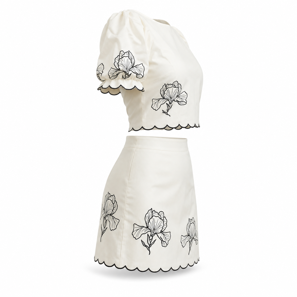 Women's White Floral-Embroidered Top and Skirt Set