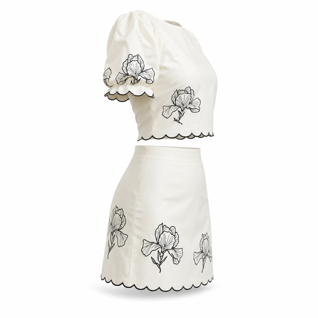 Women's White Floral-Embroidered Top and Skirt Set