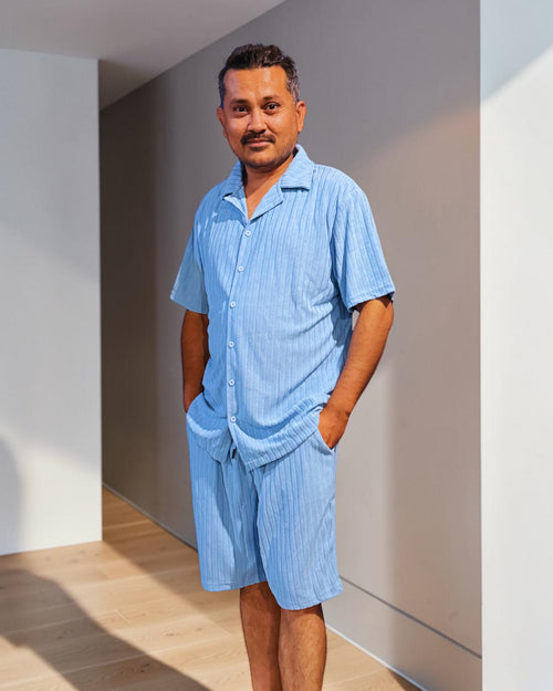 Men's Blue Textured Short-Sleeve Shirt and Shorts Set
