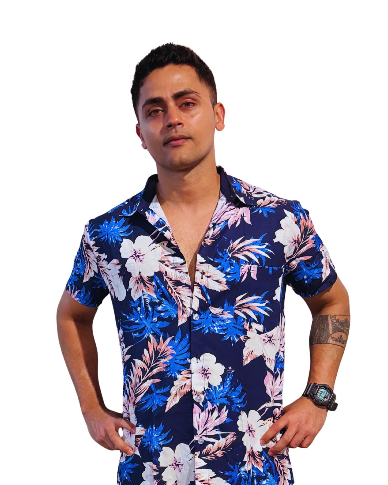Men's Blue Tropical Floral Short-Sleeve Shirt