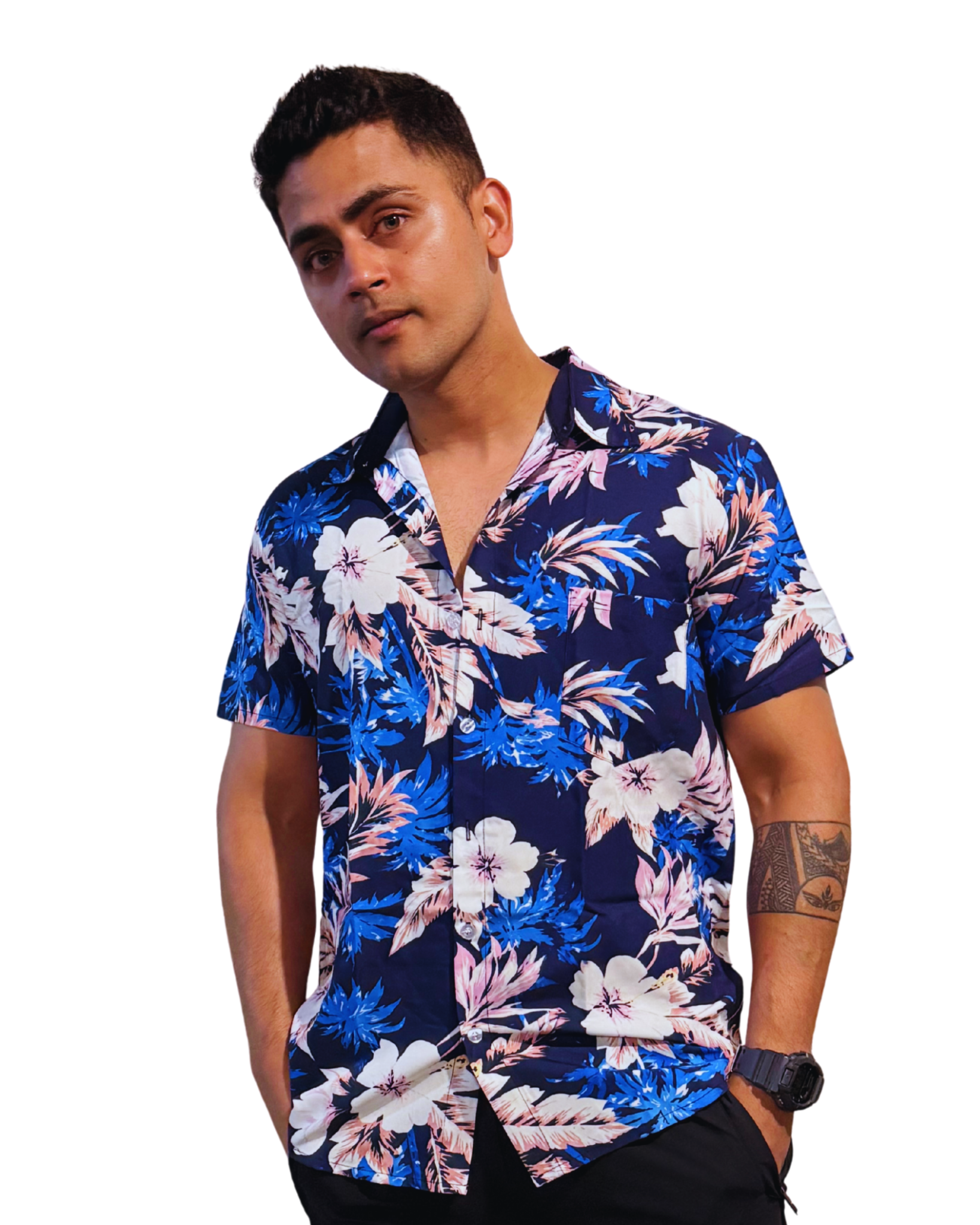 Men's Blue Tropical Floral Short-Sleeve Shirt