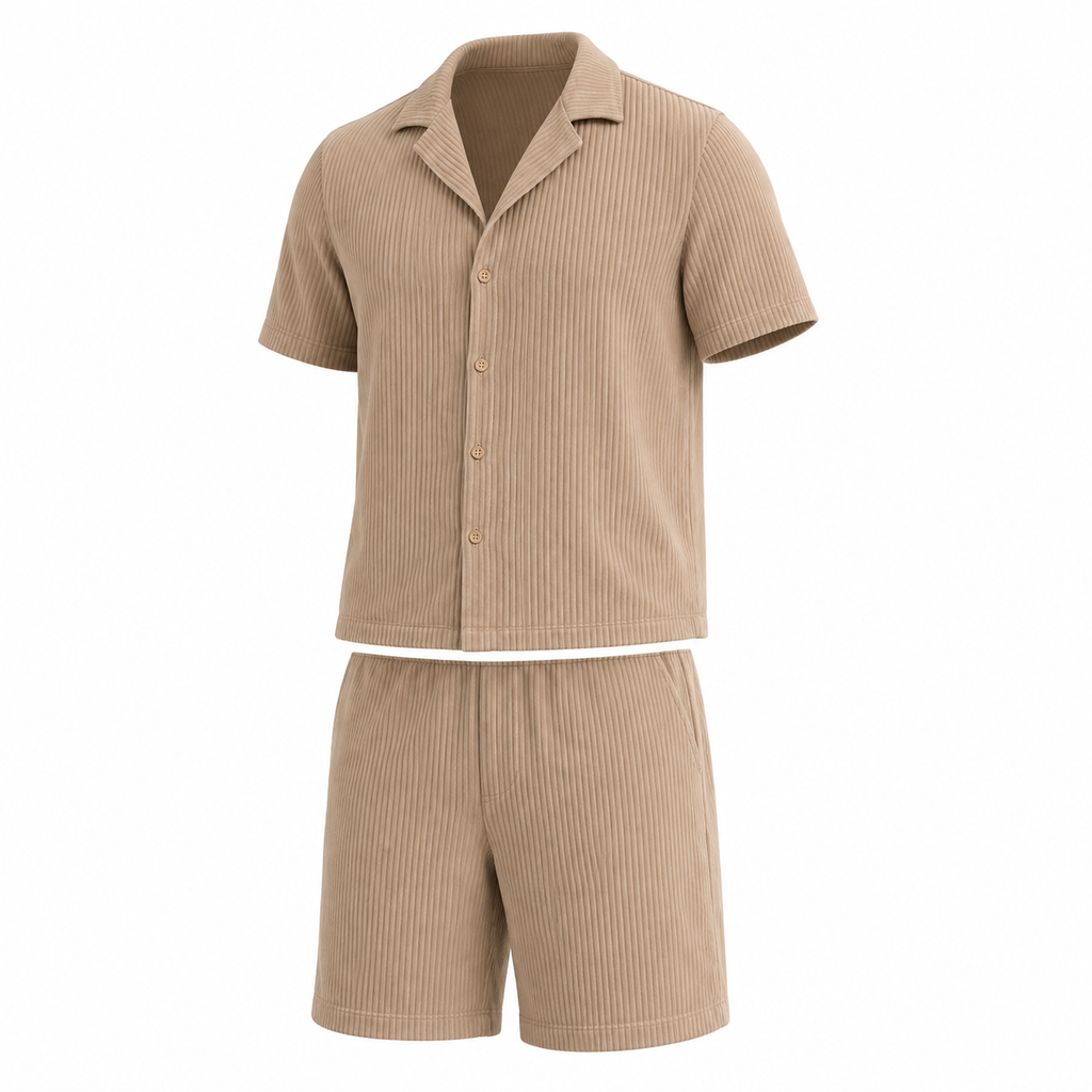 Men's Beige Textured Short-Sleeve Shirt and Shorts Set