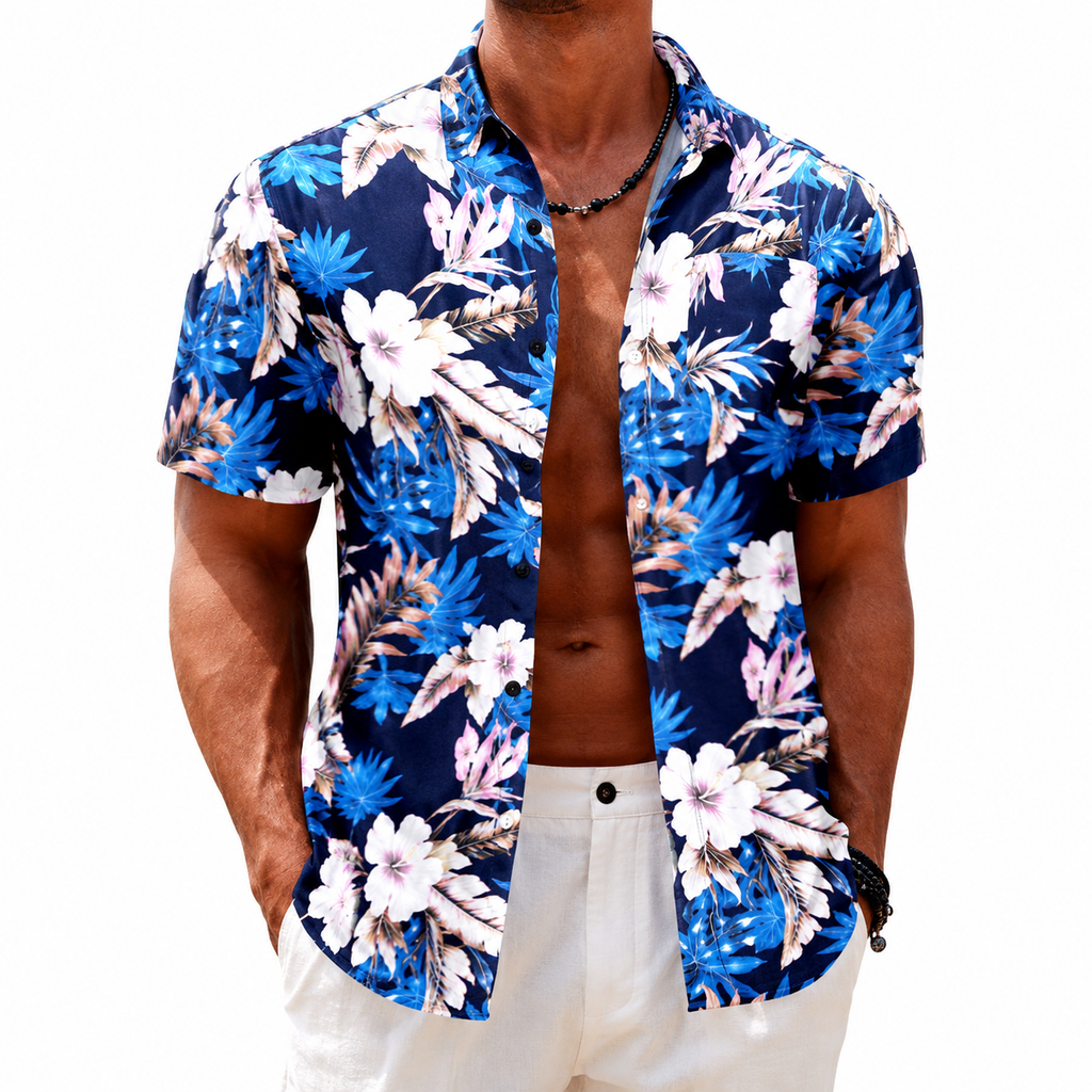 Men's Blue Tropical Floral Short-Sleeve Shirt