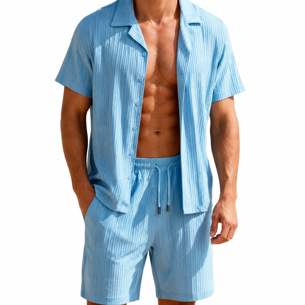 Men's Blue Textured Short-Sleeve Shirt and Shorts Set