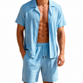 Men's Blue Textured Short-Sleeve Shirt and Shorts Set