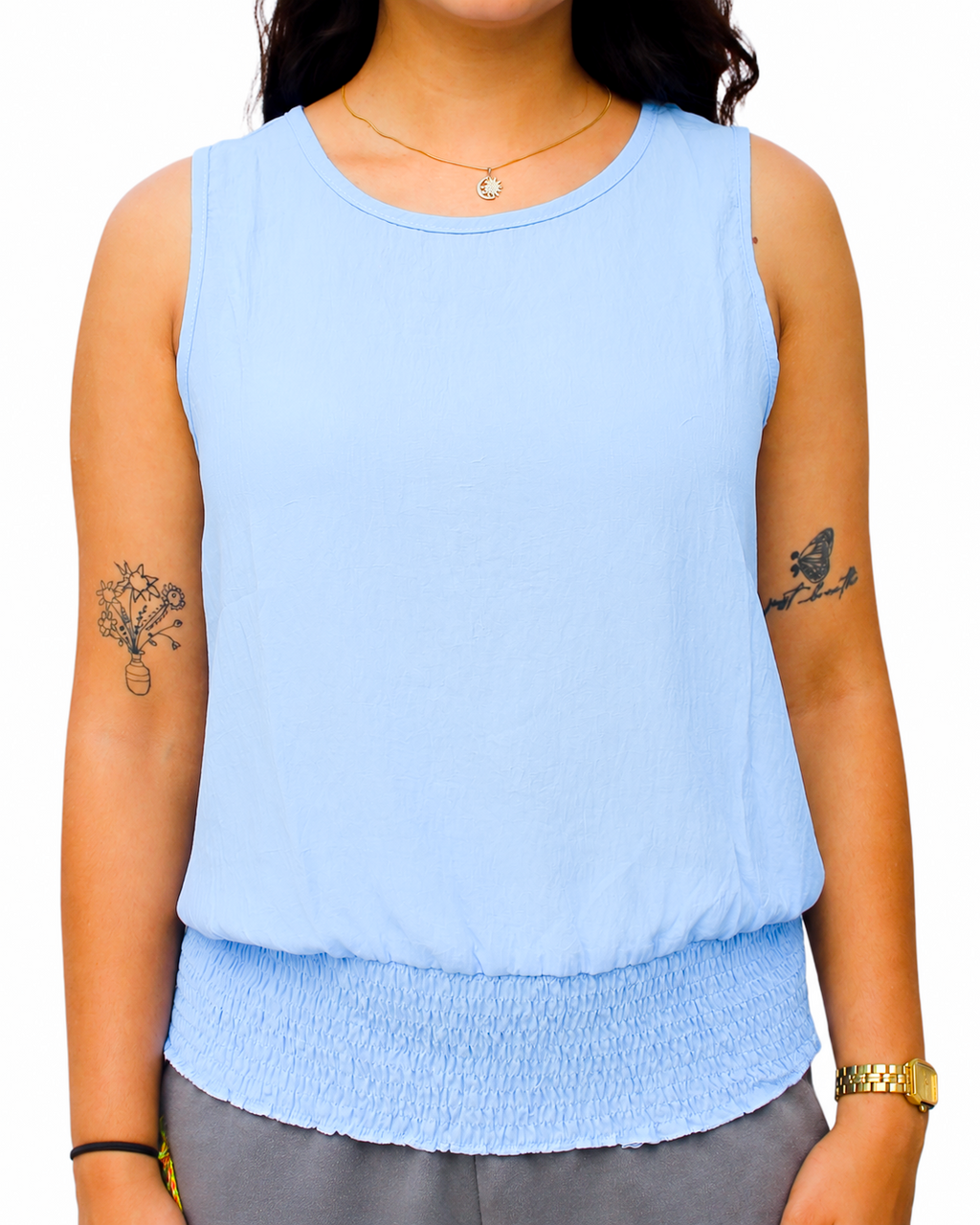 Women's White and Blude Sleeveless Smocked-Hem Top