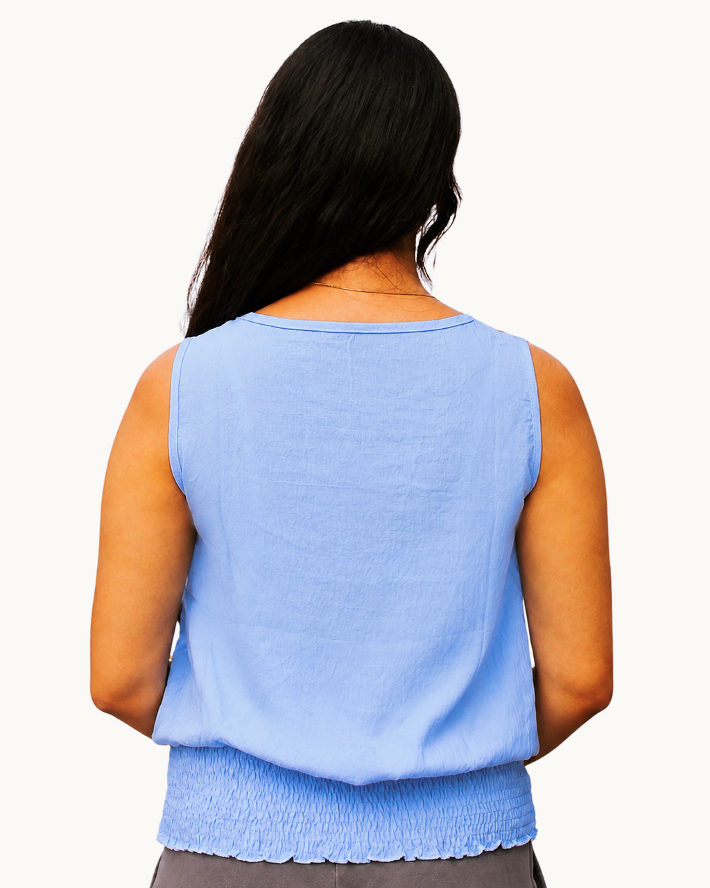 Women's White and Blude Sleeveless Smocked-Hem Top