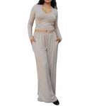 PalkiMarketPlace beige long-sleeve wrap crop top and matching wide-leg lounge pants set on a model