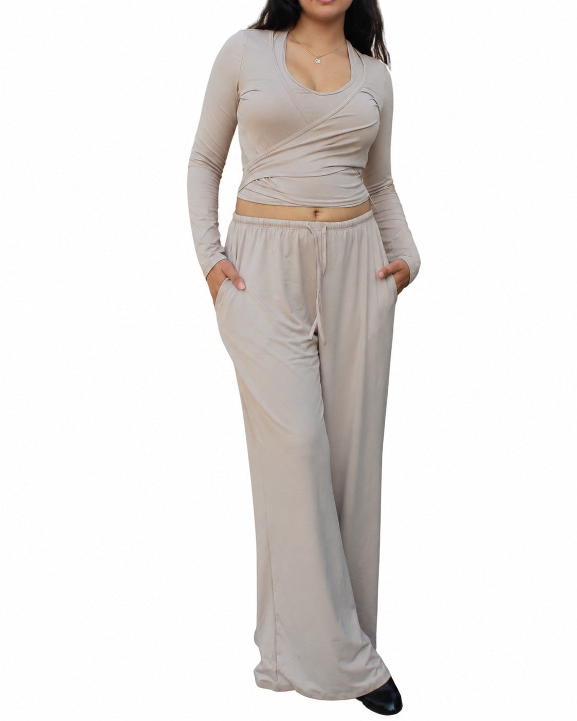 PalkiMarketPlace beige long-sleeve wrap crop top and matching wide-leg lounge pants set on a model